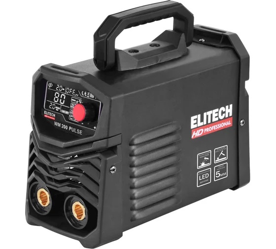 Сварочный инвертор ELITECH HD WM 200 PULSE (110-275В,6.2кВт,10-200А,ПВ=200А/80%,ф1.6-5мм,3.5кг,Dx50
