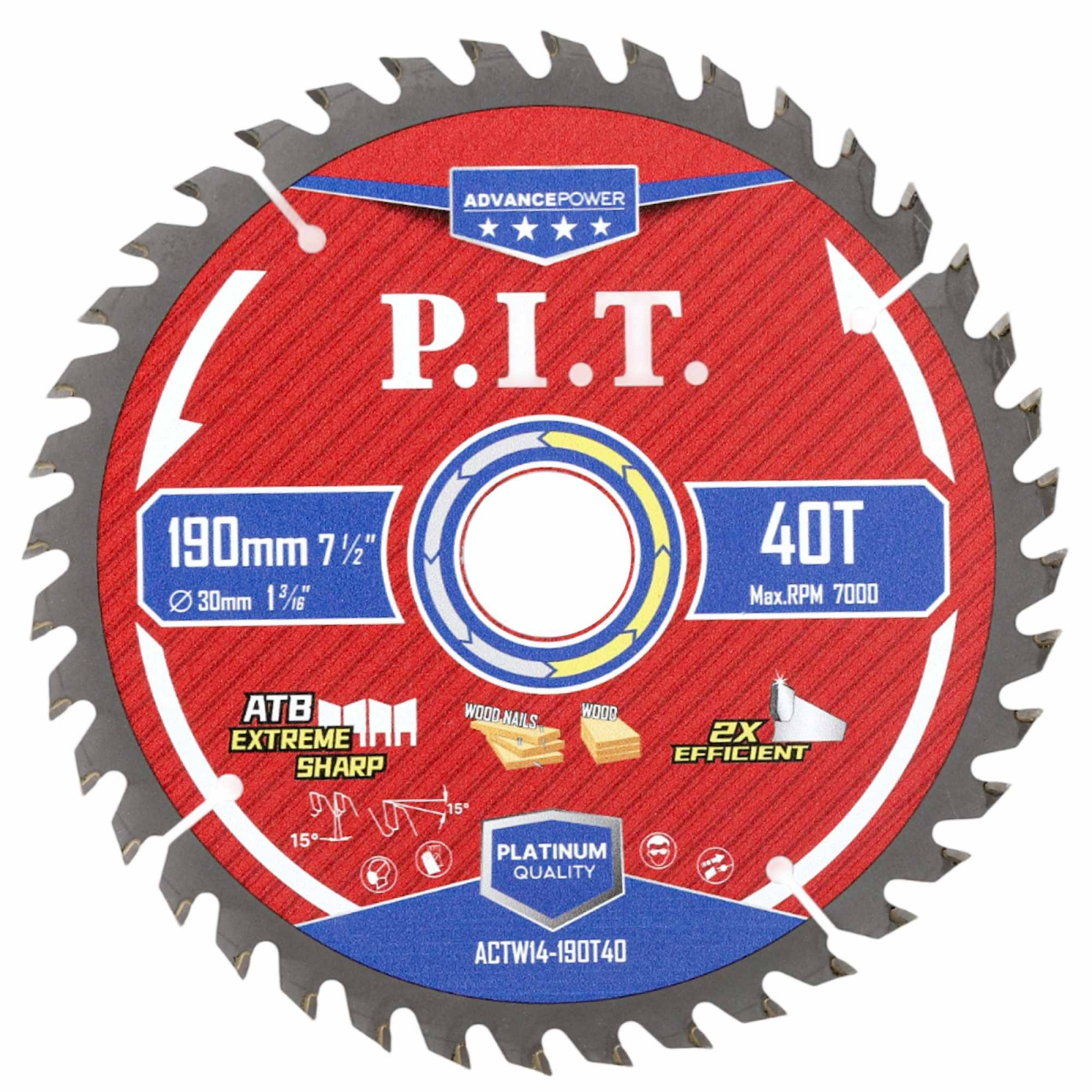 Диск пильный по дереву 190 х 30 х 40Т, зуб Carbide ATB 15гр, P.I.T (1/25)