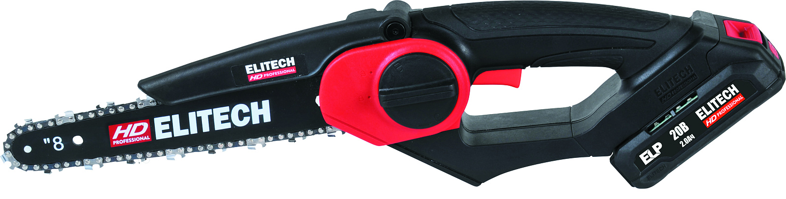 Пила цепная акк ELITECH HD CS 2008BLK (б/щет,20В,1х20В,Li-ion,шина20см,шаг-1/4",паз-1.1мм,ЗУ, 0.8кг)