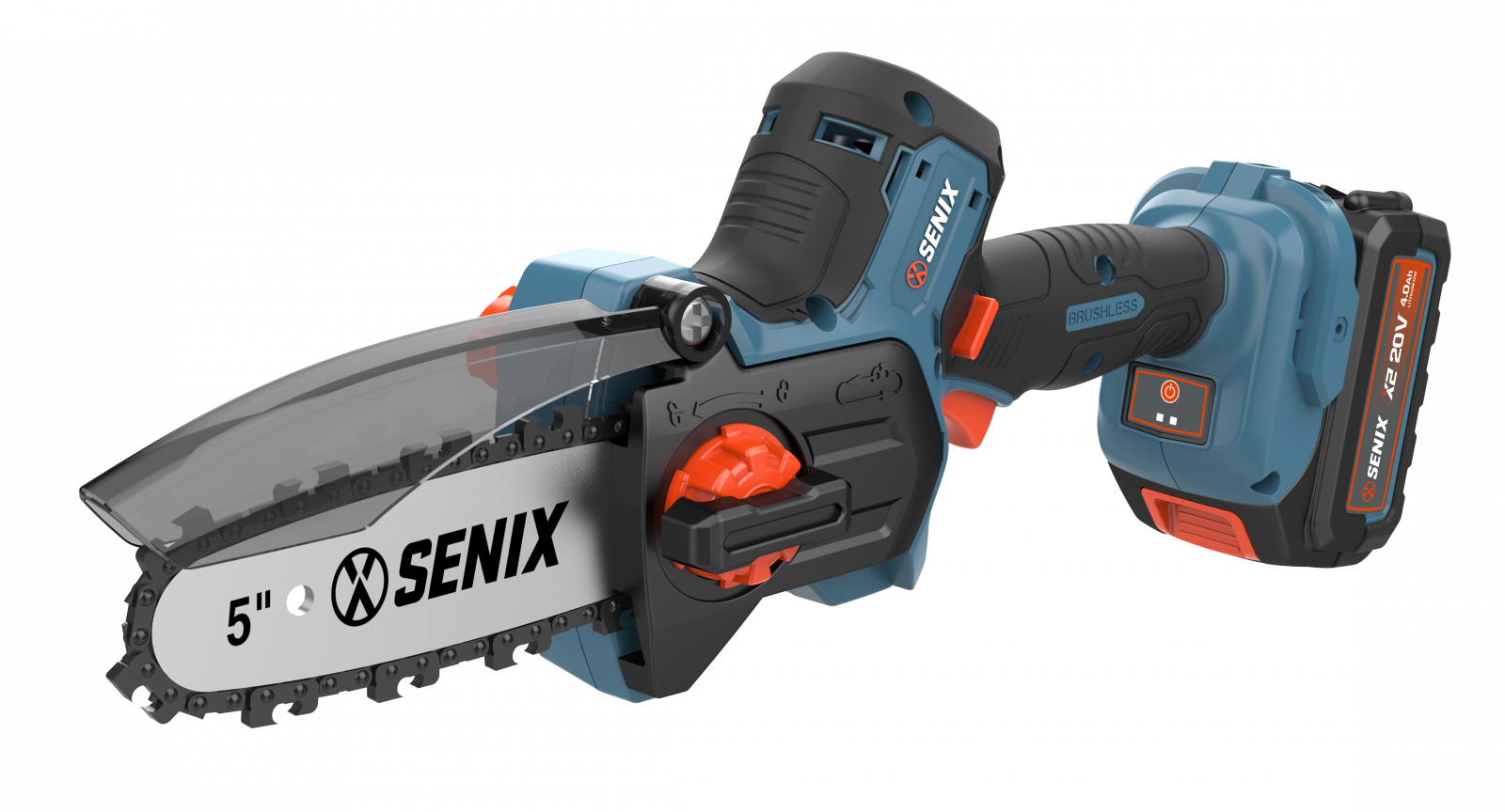 Пила цепная акк X2 SENIX  CSX2-M3-EU (20В,б/щет, шина 5",11 м/с, масл бак, 1 акк 4Ач,бесключ смена)