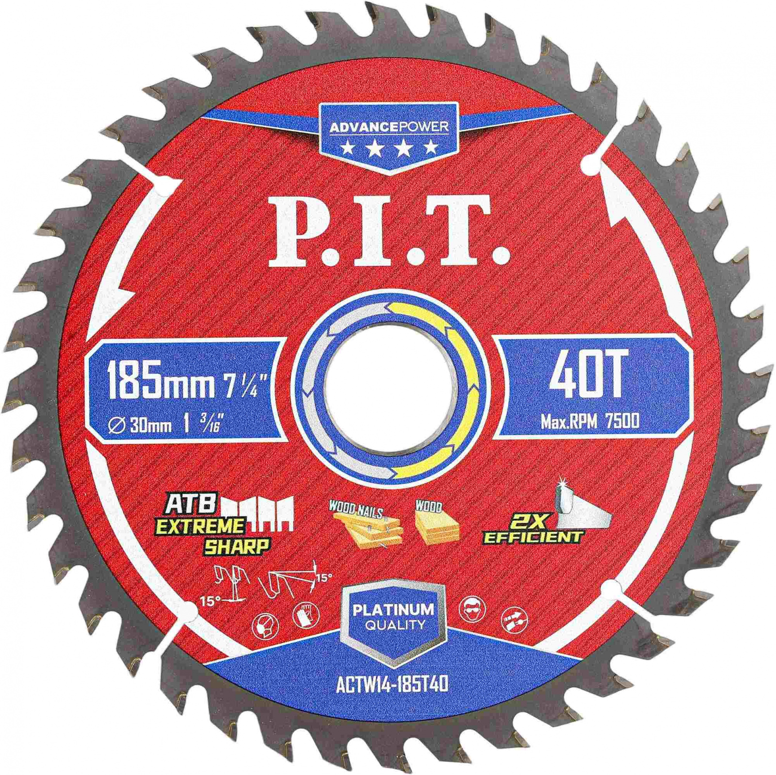 Диск пильный по дереву 185 х 30 х 40Т, зуб Carbide ATB 15гр, P.I.T