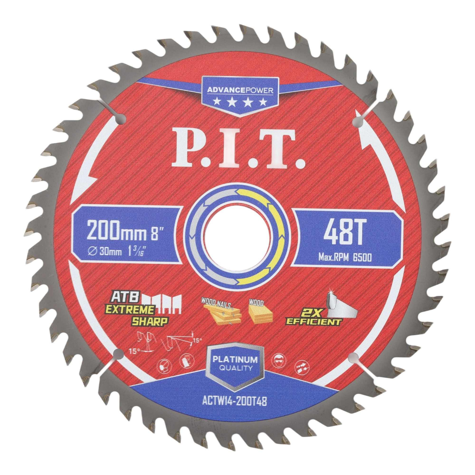 Диск пильный по дереву 200 х 30 х 48Т, зуб Carbide ATB 15гр, P.I.T (1/25)