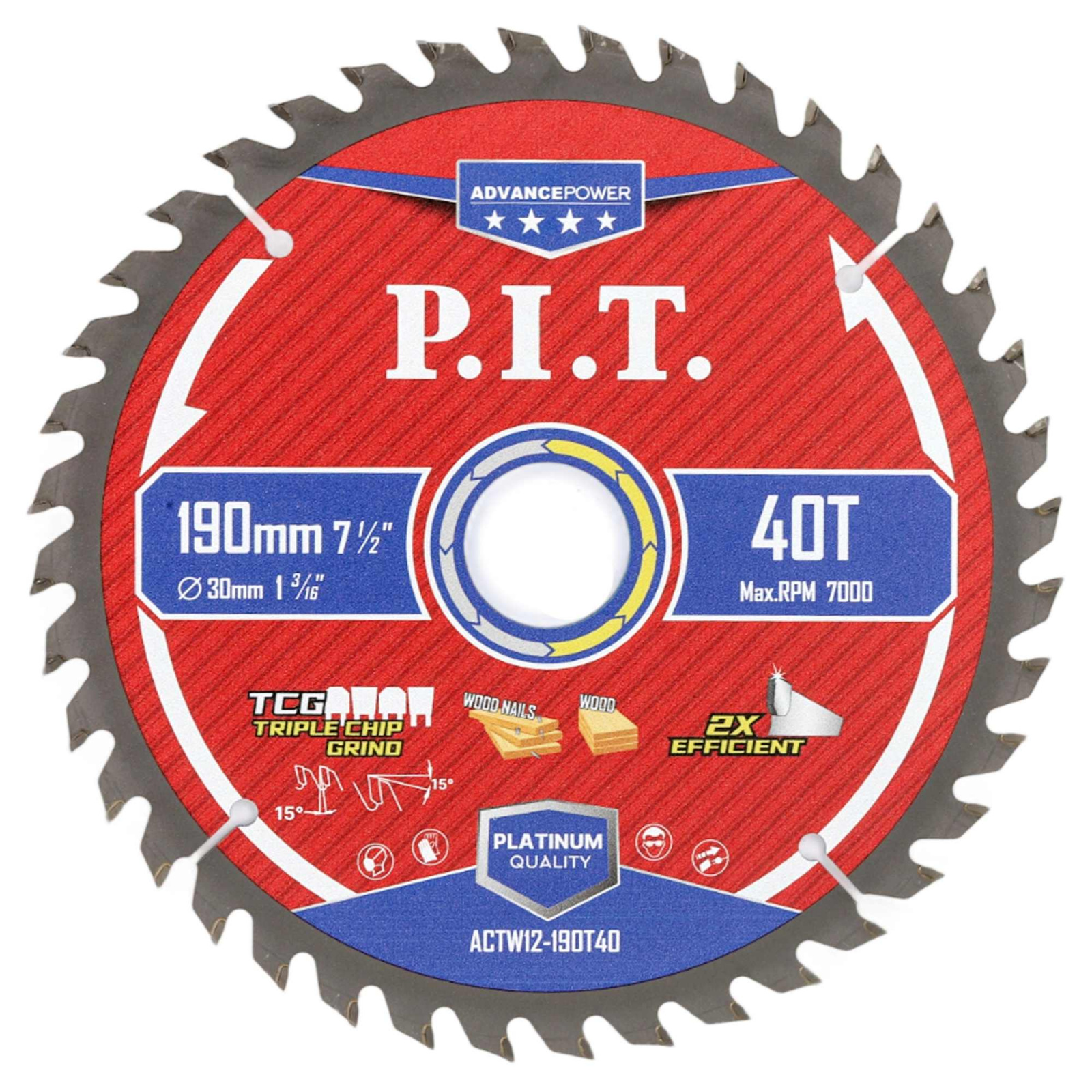 Диск пильный по дереву 190 х 30 х 40Т, зуб Carbide TCG 15гр, P.I.T