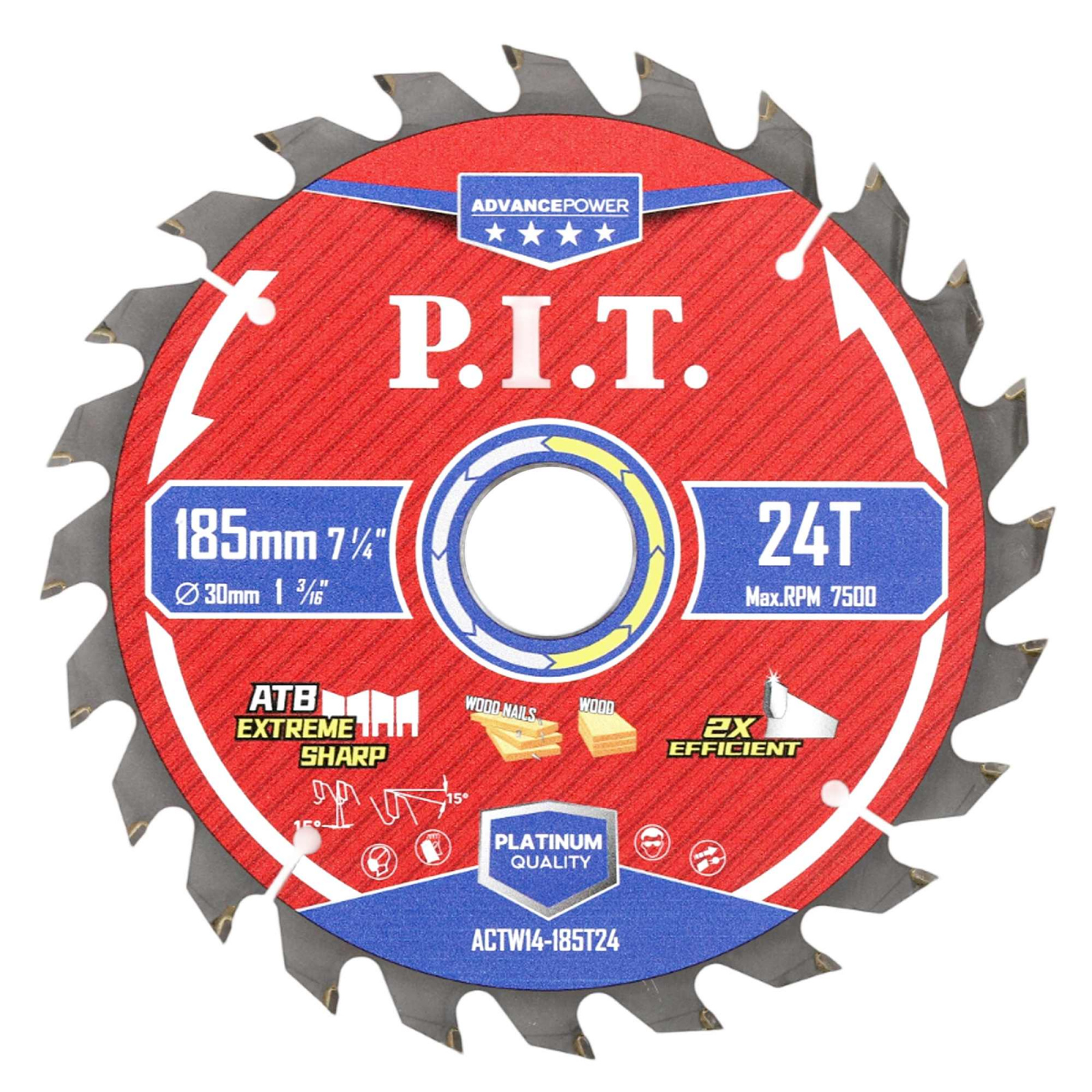 Диск пильный по дереву 185 х 30 х 24Т, зуб Carbide ATB 15гр, P.I.T (1/25)