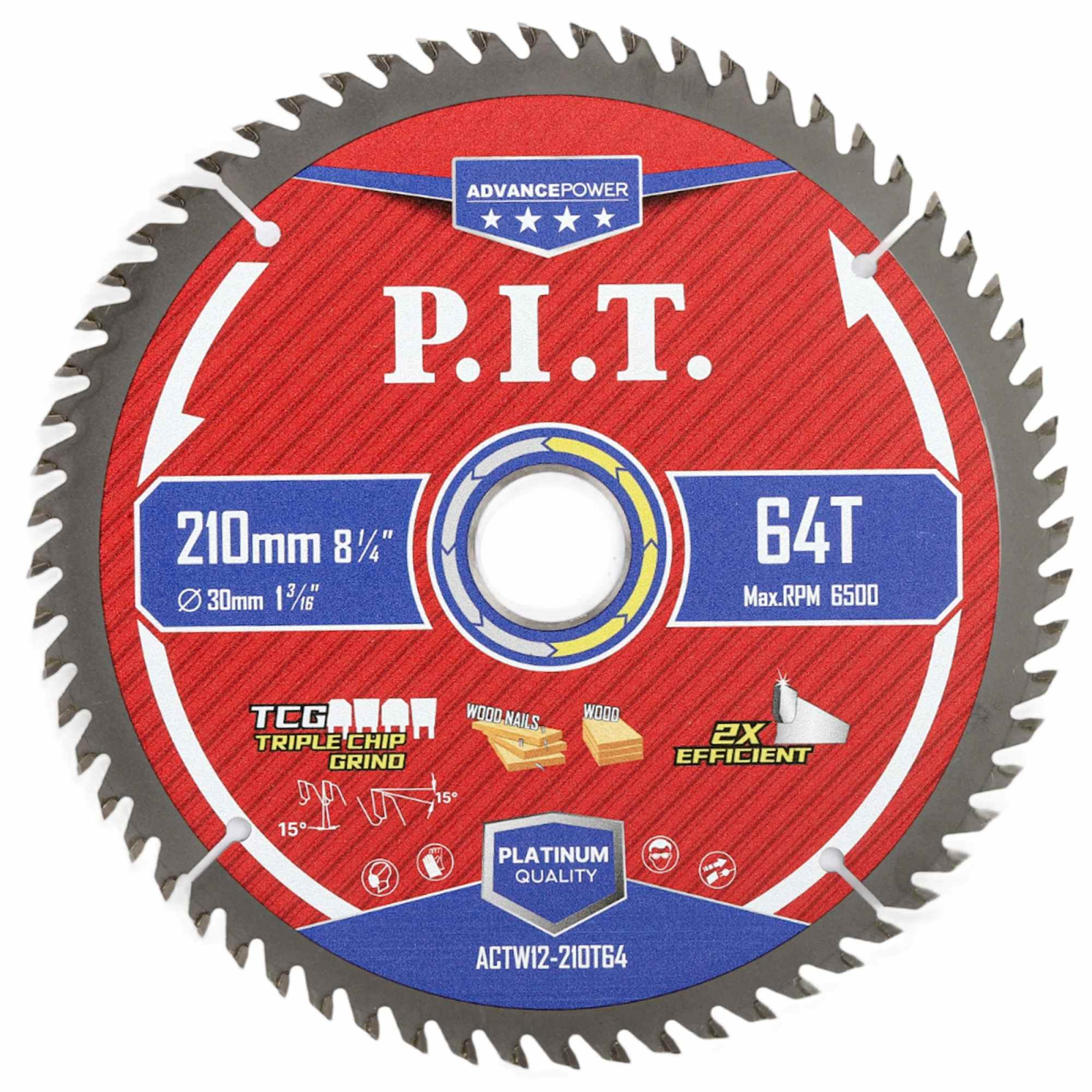 Диск пильный по дереву 210 х 30 х 64Т, зуб Carbide TCG 15гр, P.I.T
