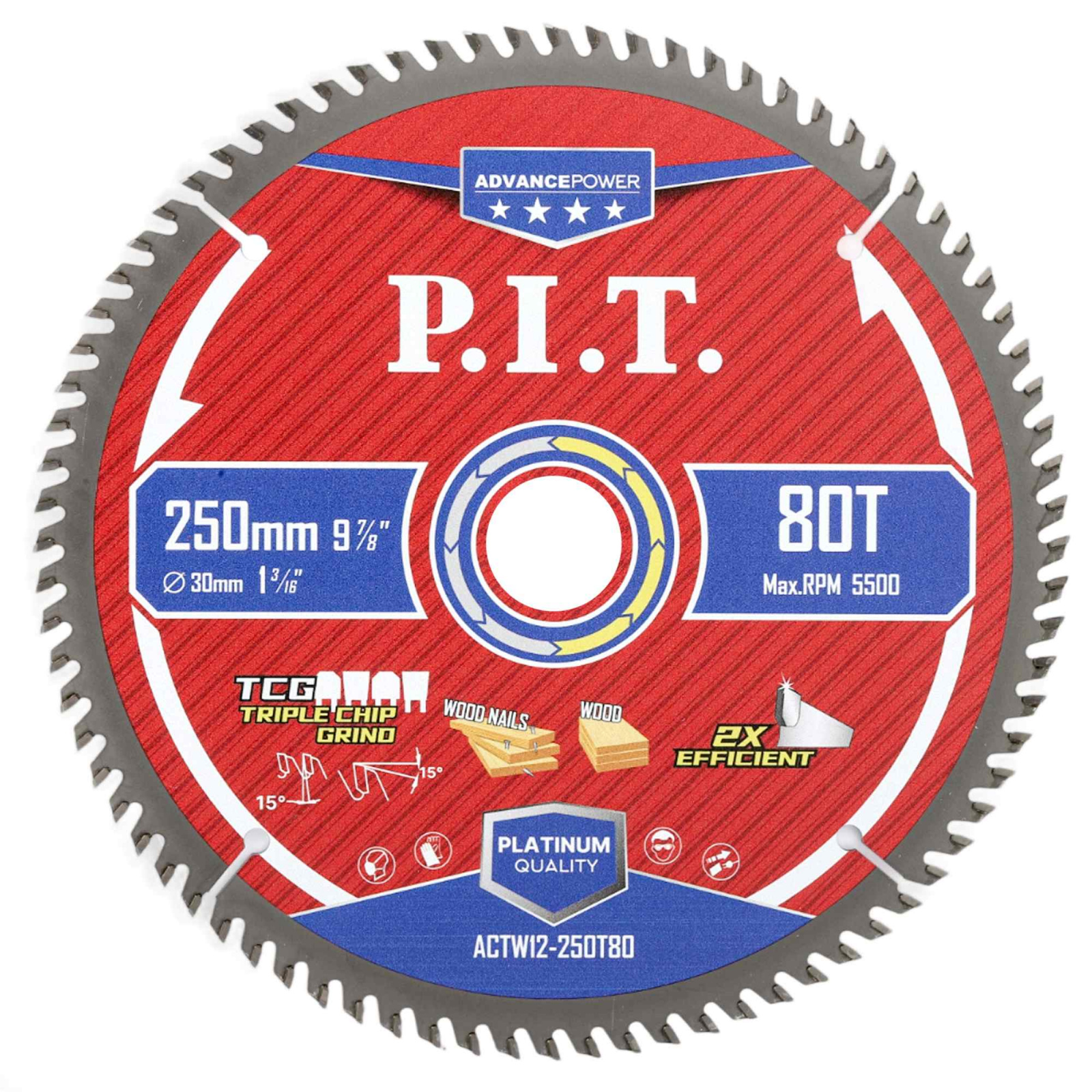 Диск пильный по дереву 250 х 30 х 80Т, зуб Carbide TCG 15гр, P.I.T